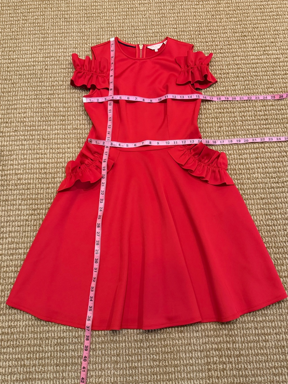 Ted Baker London Red Deneese Ruffle Cold Shoulder Dress 2 - Picture 7 of 9